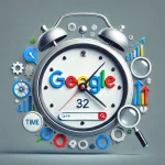 A clock featuring SEO-related icons such as the Google logo, search bar, and ranking arrows, symbolizing the time factor in website ranking on Google. Illustration for the blog 'How Soon Can a Website Rank on Google?' by the best digital marketer in Malappuram